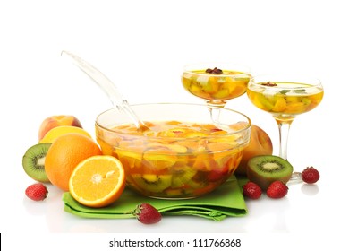 Punch In Bowl And Glasses With Fruits, On Wooden Table, Isolated On White