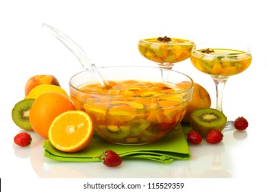 Punch In Bowl And Glasses With Fruits, On Wooden Table, Isolated On White