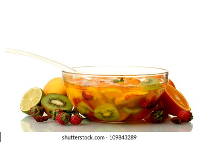 Punch In Glass Bowl With Fruits, Isolated On White