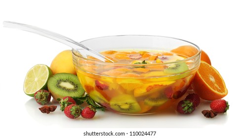 Punch In Glass Bowl With Fruits, Isolated On White