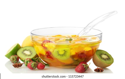 Punch In Glass Bowl With Fruits, Isolated On White