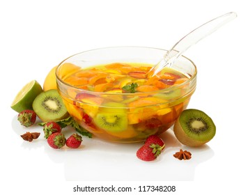 Punch In Glass Bowl With Fruits, Isolated On White