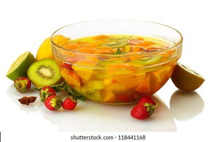 Punch In Glass Bowl With Fruits, Isolated On White