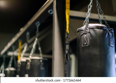 Punching bags in a gym. High quality photo Detail of some boxing bags hanging in a gym with black painted walls