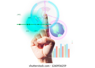 Punctuality using technology in digital world. Finger touching interface. Pointing index finger. Action of touch screen with rays. Isolated on future digital technology concept.