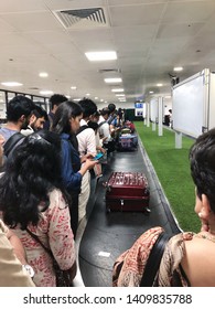 Pune India 28th May 2019: Passengers Are Waiting In Pune Airport Terminal For Their Check In Luggage。
 The Airport Serves Both Domestic And International Flights, Especially To West Asia.