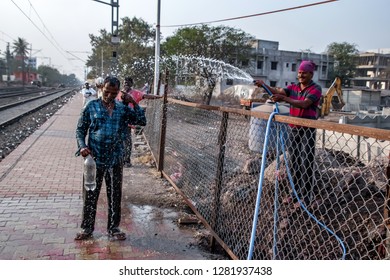 Pune, India - January 05 2019: Construction Workers Having Fun At A Railway Station Near Pune India.