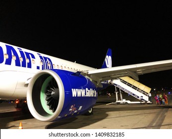 Pune India May 28th 2019: An Airbus 320 Plane Belong To GoAir Just Landed On Pune Airport At Late Night. Passengers Get Off Through Steps
GoAir Is An Indian Low-cost Airline Based In Mumbai