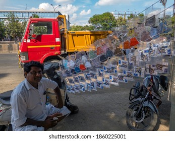 Pune, India - November 19 2020: Indian Man Selling Masks For Covid Protection  By The Roadside At Pune India. 