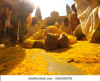 PUNE, MAHARASHTRA, INDIA, 03 June 2019, Devotee prostrating before God Khandoba