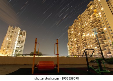 Pune, Maharashtra, India - April 18, 2021 : Open Gym Area In Modern Day Apartment, Star Gazing At Night During Lockdown Due To Covid-19. 