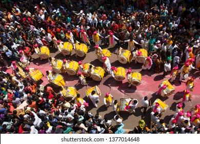 PUNE, MAHARASHTRA, September 2018, People Observe Dhol Tasha Pathak Performance During Ganpati Festival, Aerial View