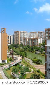 Punggol, Singapore - Aug 16 2018: Housing Development Board (HDB) Waterway View Estate in Punggol District. Public Housing Apartments with Beautiful Waterway and Landsca