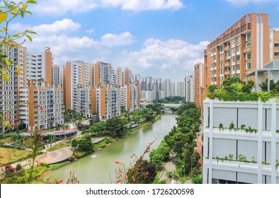 Punggol, Singapore - Aug 16 2018: Housing Development Board (HDB) Waterway View Estate in Punggol District. Public Housing Apartments with Beautiful Waterway and Landsca