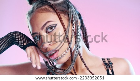 Punk fashion, Gen z girl and portrait with creative makeup and face in pink studio background with edgy attitude. Cosmetics, facial and eye shadow with a young female posing for hipster or style