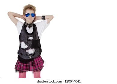 Punk Kid In Fancy Dress With Hands Behind Head Over White Background