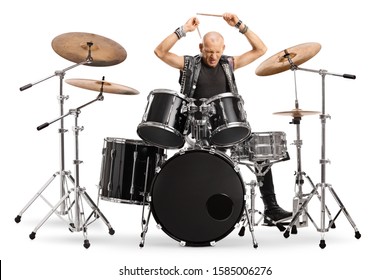 Punk male artist playing drums isolated on white background
