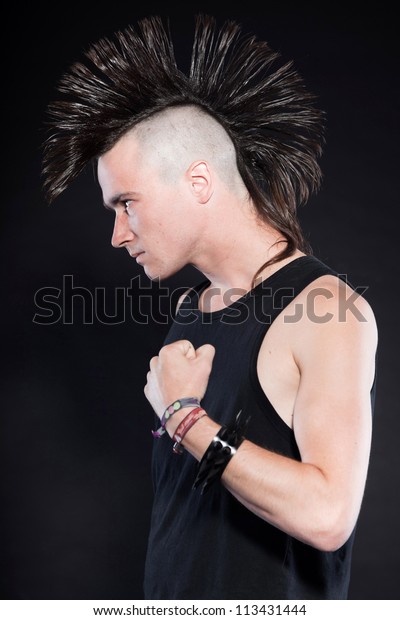 Punk Man Mohawk Haircut Black Shirt Stockfoto Jetzt