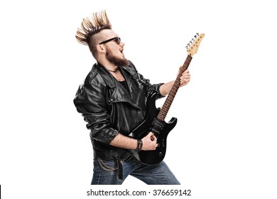 Punk Rock Guitarist Playing Electric Guitar Isolated On White Background