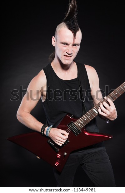 Punk Rock Man Red Electric Guitar Stock Photo Edit Now 113449981