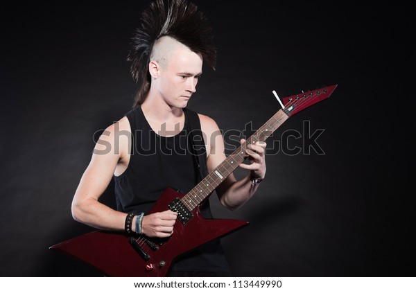 Punk Rock Man Red Electric Guitar Stock Photo Edit Now 113449990