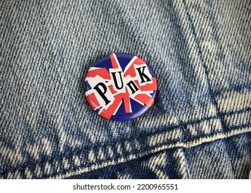 Punk Rock Union Flag Pin Badge On A Vintage Rockers Denim Jacket Coat 1980s Great Britain Colours With Room For Copy Text