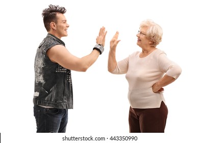 Punk Rocker And His Grandma Doing A High Five Isolated On White Background