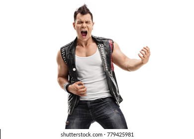 Punk Rocker Playing Air Guitar Isolated On White Background