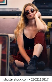 Punk Woman, Grunge Fashion And Rock Hipster, Retro Model And Confident Female With Glasses On Floor. Portrait Of Young Gen Z, Cool Girl And Attitude In Creative Style, Urban Fashion And Trendy Youth