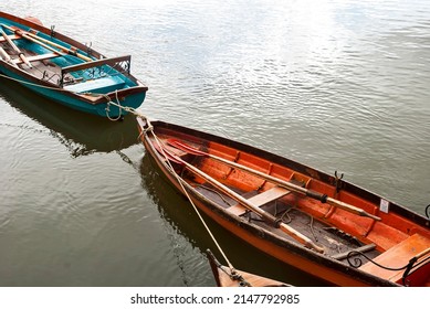 Punt flat bottom river wooden boats on river Thames waters in Richmond, London