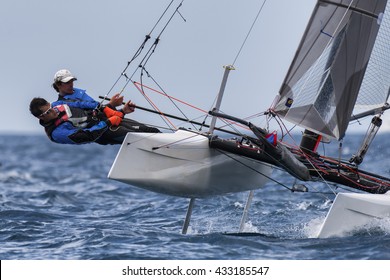 PUNTA ALA - 3 JUNE:  Teams Sailing On Formula 18 National Catamaran Race, On June 3 2016 In Punta Ala, Italy