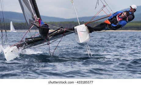 PUNTA ALA - 3 JUNE:  Teams Sailing On Formula 18 National Catamaran Race, On June 3 2016 In Punta Ala, Italy