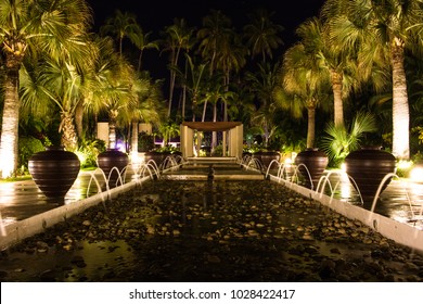 PUNTA CANA, DOMINICAN REPUBLIC - April 25, 2017:the Fountain And Pond Set Up In Secrets Cap Cana At Night.