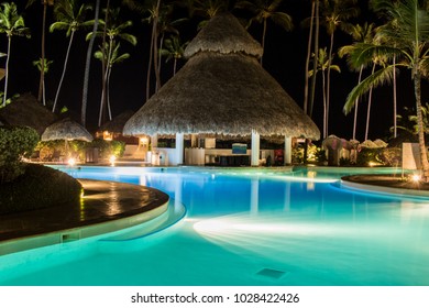 PUNTA CANA, DOMINICAN REPUBLIC -
 April 25, 2017: Secret Capa Cana's Pool And Swimming Area At Night.