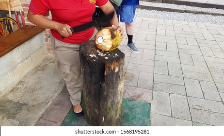 Punta Cana, Dominican Republic, September, 2, 2019: Preparing A Coconut To Drink Its Water At A Farm In Dominican Republic