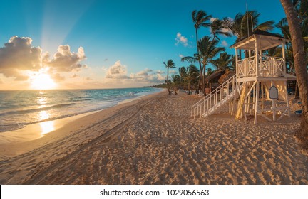 Punta Cana Sunrise Over Caribbean Beach In  With Lifeguard Station.