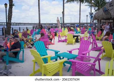 Punta Gorda, Florida - May 2021: Colorful Chairs At Tiki Bar