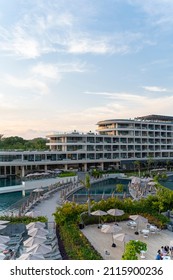 Punta Mita, Nayarit, Mexico December 4, 2021: Luxury Mexican Beach Resort At Sunset, Vertical Image