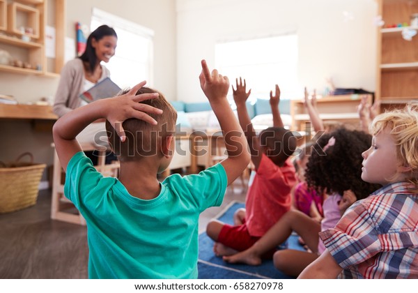 Pupils Montessori School Raising Hands Answer Stock Photo Edit Now