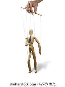 Puppet in the hands of puppeteer walks on isolated, white background.  Puppet is presented in business style with a tie.