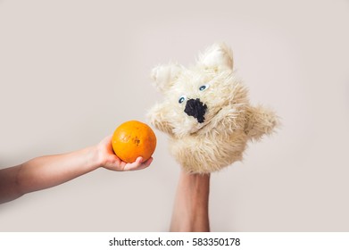 Puppet Show Dog On A Gray Background. Space For Text Or Replicas.