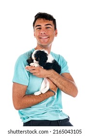 Puppy Cavalier King Charles And Man  In Front Of White Background