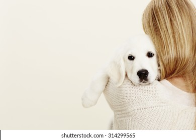 Puppy Embraced By Blonde Owner, Studio