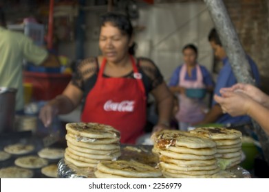 Pupusa Native Food Being Prepared At Street Restaurant In San Salvador El Salvador Pupuseria Central America