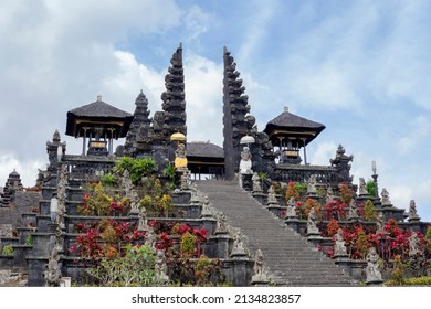 Pura Besakih Mother Temple With Blue Sky And Copy Space. The Holiest Of All Balinese Hindu Temple. Beautiful Traditional Plants Are Growing Infront. Besakih, Bali, Indonesia, Asia