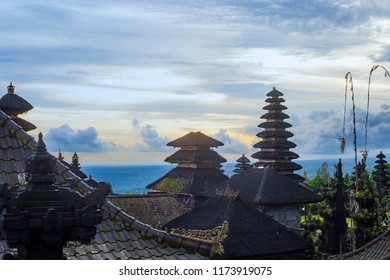 Pura Besakih temple complex, holiest of all Balinese Hindu temple. Summer landscape with religious buildings silhouette in Bali, Indonesia