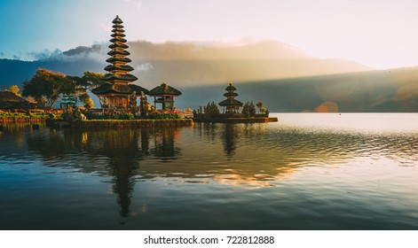 Pura Ulun Danu temple panorama at sunrise on a lake Bratan, Bali, Indonesia