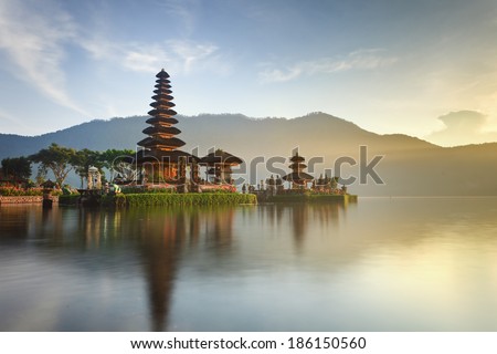 Pura Ulun Danu temple panorama at sunrise on a lake Bratan, Bali, Indonesia