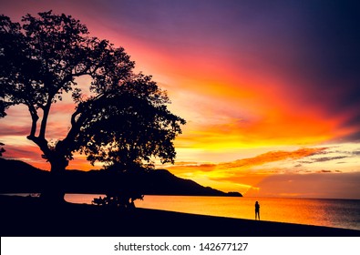 Pura Vida. Sunset In Coco Beach, Guanacaste, Costa Rica, Central America. Travel Concept