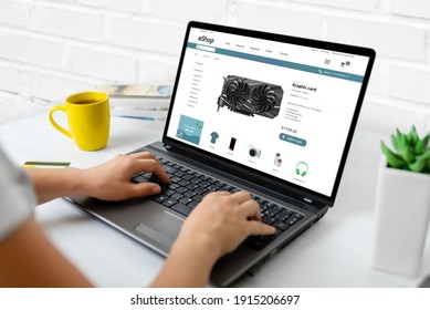 Purchase Computer Components Online Concept. Graphic Card On Modern Ecommerce Web Site On Laptop Computer